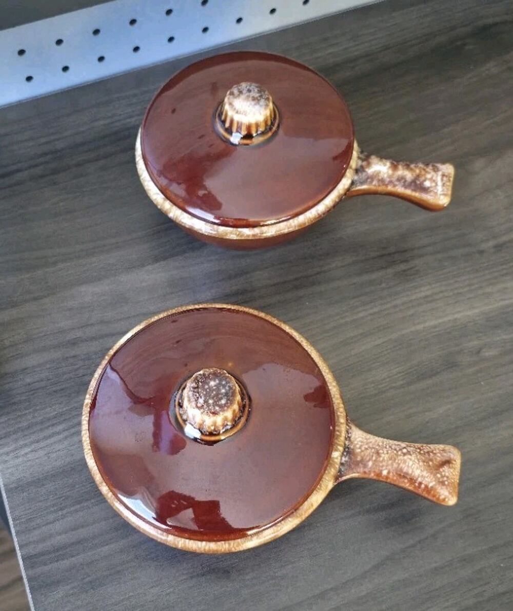Vtg 60s Hull Oven Proof Brown Drip Glaze Soup Bowl & Lid Set Of 2